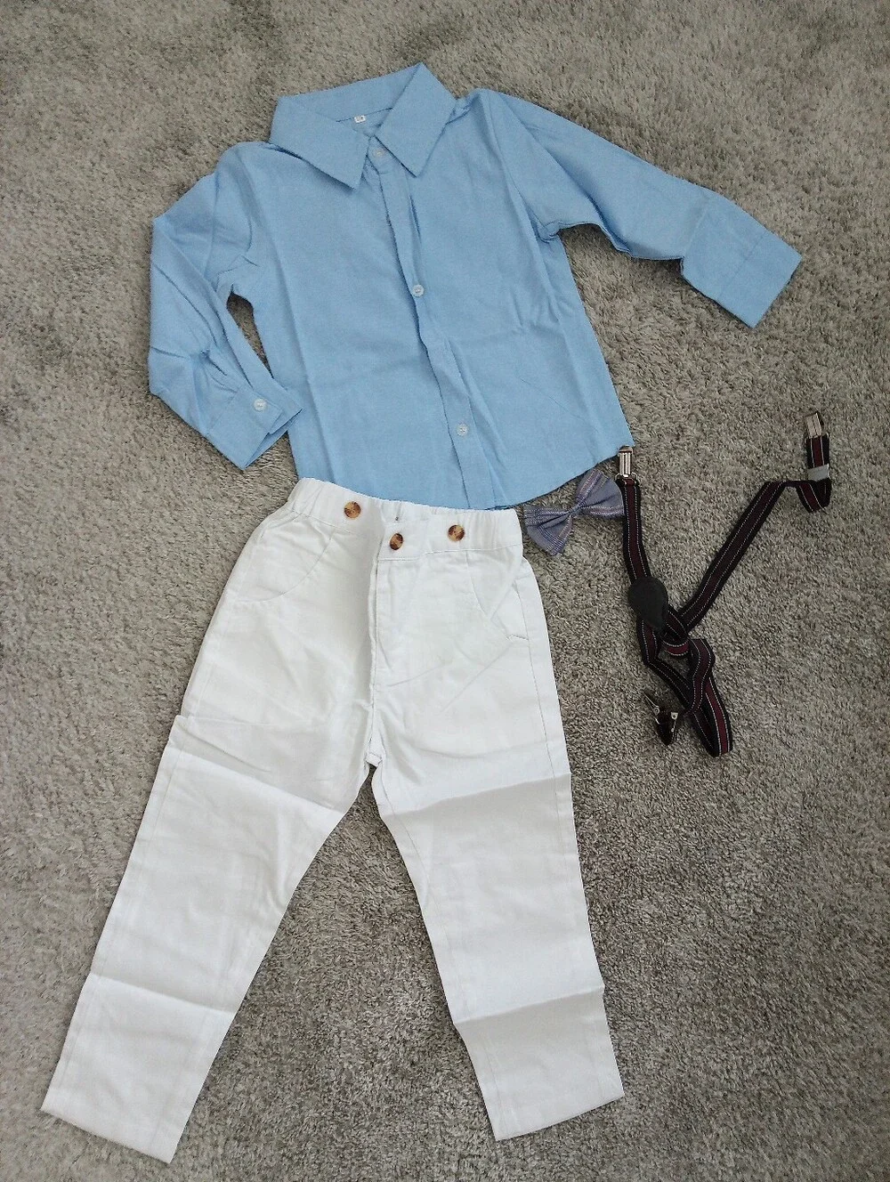 Boys Light Blue Button-Up Shirt & White Pants Outfit, Size 4-5T.